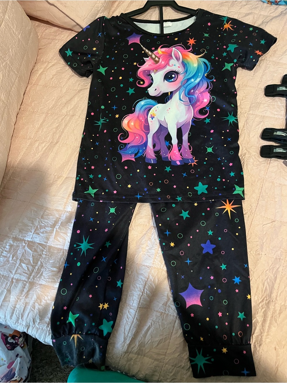 Girls' Black Unicorn Rainbow Stars Pajama Set
